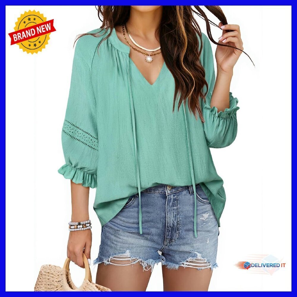 Flowy V-Neck Tie Front Blouse 3/4 Sleeve Boho Casual Summer Top